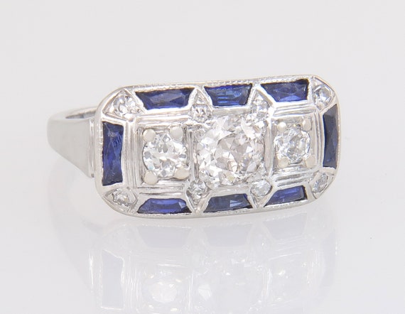 Antique 14K Gold 1.07ct Genuine Diamond & Blue Sa… - image 1