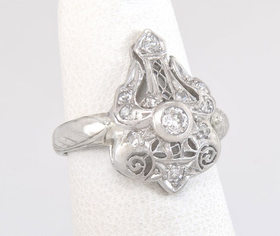 Antique Genuine Diamond 14K White Gold Art Deco Engagement - Technical View