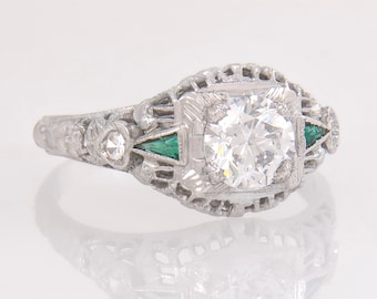 Antique .89ct Certified GIA Diamond & Emerald 18K Gold Art Deco Engagement Ring