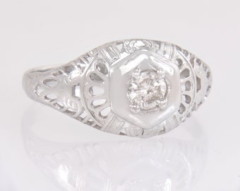 Antique Art Deco .12ct Genuine Diamond Filigree 14K White Gold Ring Size 6