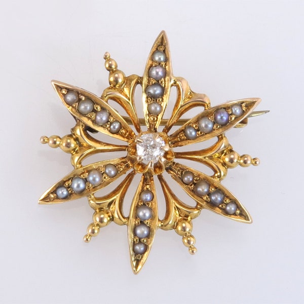 Antique Estate 10K Gold Seed Pearl & Genuine Diamond Brooch Pin