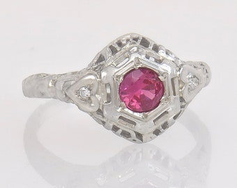 18K White Gold .27ct Simulated Ruby & Genuine Diamond Art Deco Ring Size 5.5