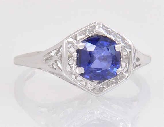 Antique 14K White Gold .91ct Genuine Sapphire Art… - image 1