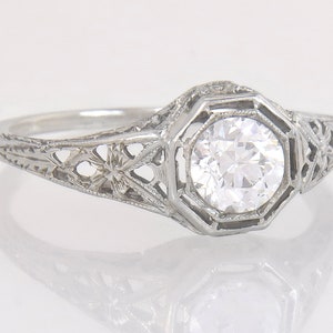 Antique GIA Certified E VS1 .70ct Old European Brilliant Diamond 18K Deco Ring