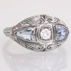Antique .65ct Genuine Diamond & Aquamarine 18K White Gold Art Deco Ring Size 4