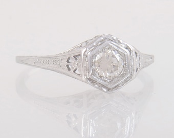 Antique Estate .16ct Genuine Champagne Diamond 18K White Gold Art Deco Engagement Ring