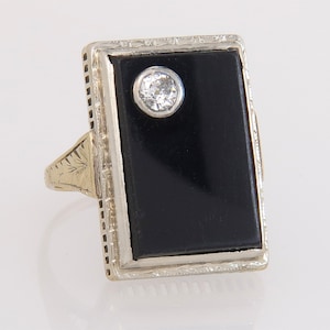 Antique Two Tone 14K Gold Genuine Diamond & Black Onyx Art Deco Ring Size 4