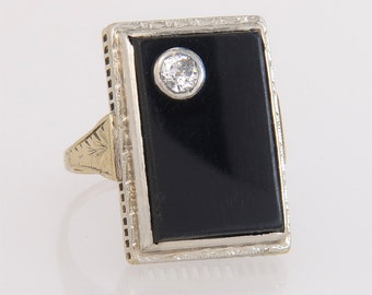 Antique Two Tone 14K Gold Genuine Diamond & Black Onyx Art Deco Ring Size 4
