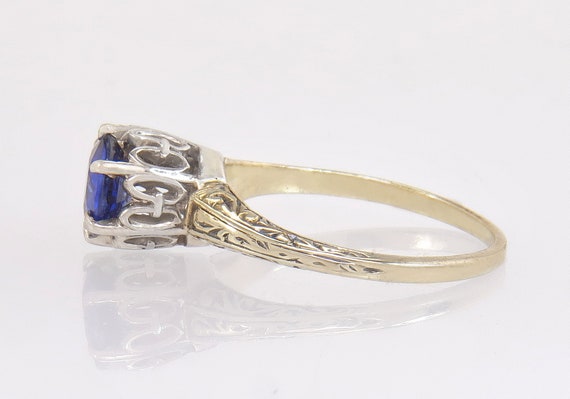 Antique .90ct Blue Sapphire 14K Two Tone Gold Art… - image 3