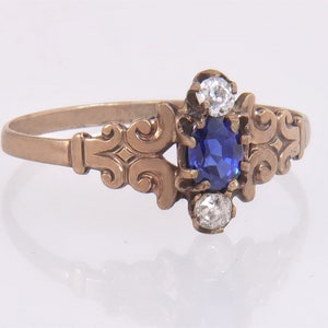 Antique 14K Gold .30ct Genuine Old Mine Cut Diamond Blue Sapphire Ring Size 6.5