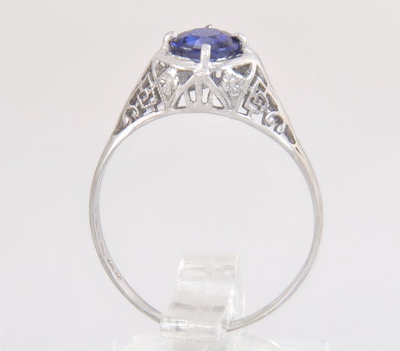 Antique .70ct Sapphire 14K White Gold Flowers Art… - image 4