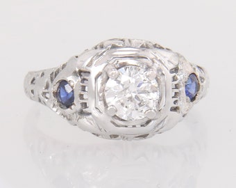 Antique 18k White Gold .55ct Diamond Sapphire Art Deco Engagement Ring Size 4.5