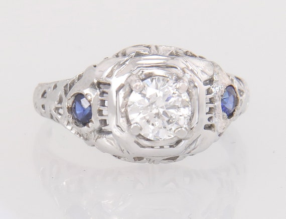 Antique 18k White Gold .55ct Diamond Sapphire Art… - image 1