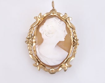 Estate Vintage 10K Yellow Gold Hand Carved Cameo Brooch Pin Pendant