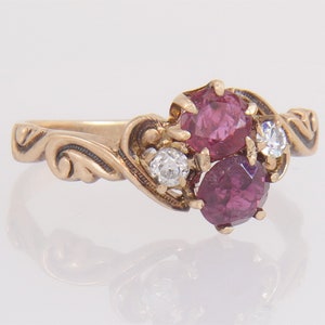 Antique Art Deco 10K Gold .75ct Genuine Diamond & Ruby Engagement Ring Size 5.25