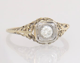 Antique .16ct Diamond 14K Gold Filigree Flowers Art Deco Engagement Ring Size 8