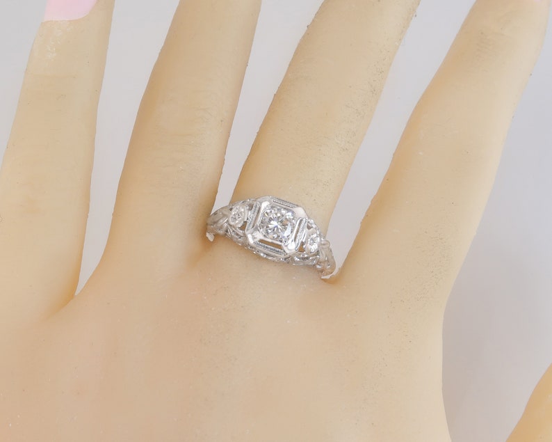 Antique 14k White Gold .38ct Genuine Diamond Flower Art Deco Engagement Ring image 3