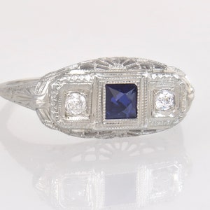 Antique .50ct Diamond & Sapphire 18K White Gold Filigree Art Deco Ring Size 9.75