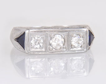 Antique 18K White Gold .56ct Genuine Diamond & Sapphire Band Men's Ring Sz 7.5