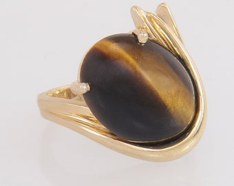 14K Yellow Gold 7.50ct Tiger's Eye Gemstone Dinner Ring Size 7.75