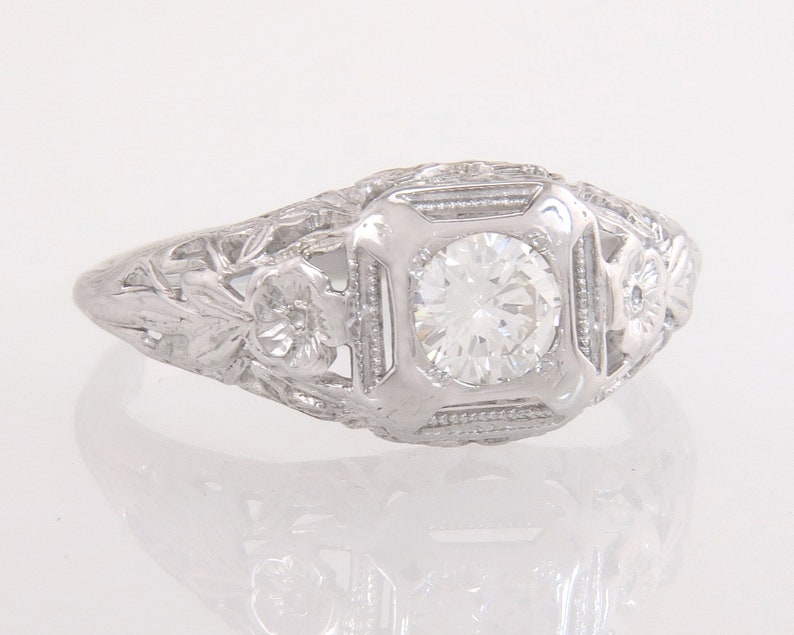 Antique 14k White Gold .38ct Genuine Diamond Flower Art Deco Engagement Ring image 1