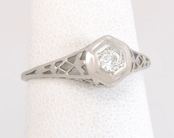 Antique Art Deco .08ct Genuine Diamond 14K White Gold Engagement Ring Size 6.25