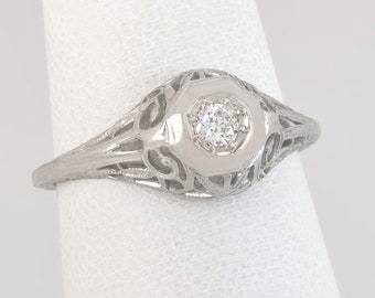 Antique 18K White Gold .07ct Genuine Diamond Solitaire Engagement Ring Size 6.5