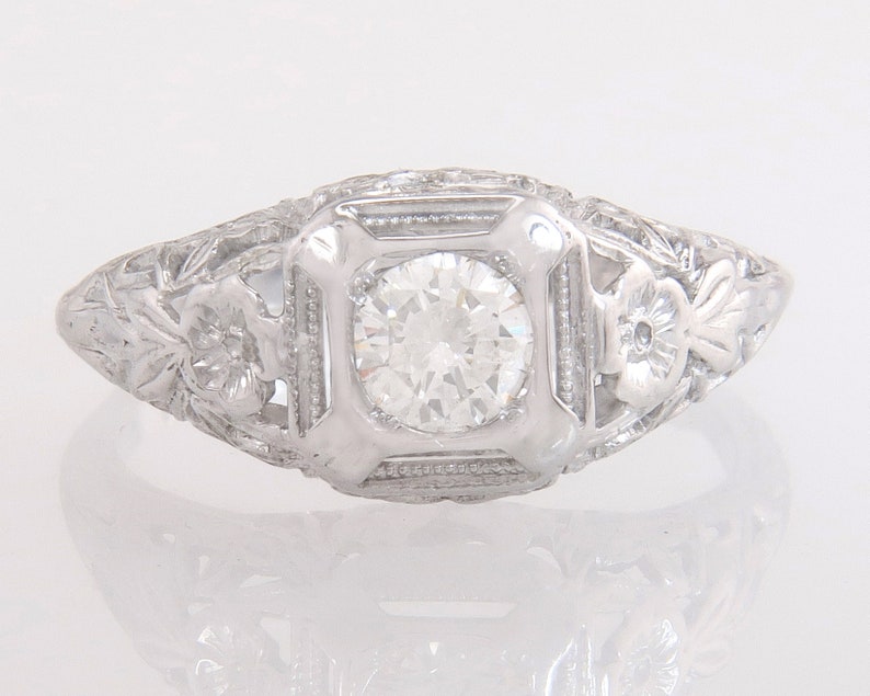 Antique 14k White Gold .38ct Genuine Diamond Flower Art Deco Engagement Ring image 2
