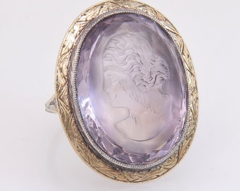 Antique Art Deco 14K Gold 19.00ct Hand Carved Cameo Amethyst Ring Size 4.25