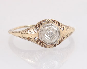 Antique Art Deco Genuine Diamond 10K White & Rose Gold Engagement Ring Size 6