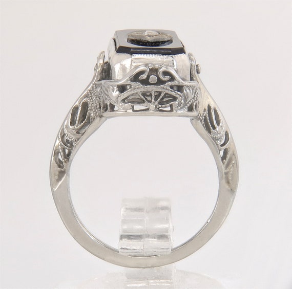 Antique 14K White Gold Diamond & Onyx Quartz Art … - image 5