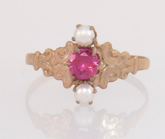 Antique Estate 14K Rose Gold .25ct Ruby & Seed Pe… - image 2