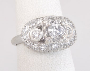 Antique 14K White Gold .90ct Genuine Diamond Art Deco Engagement Ring Size 5.5