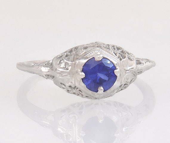 Antique .42ct Blue Sapphire 14K White Gold Art De… - image 1