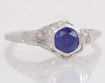 Antique .40ct Blue Sapphire 18K Gold Flowers Art Deco Engagement Ring Size 6