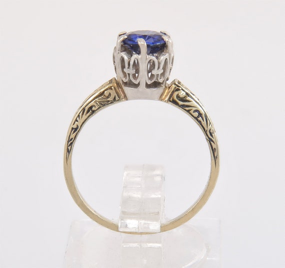 Antique .90ct Blue Sapphire 14K Two Tone Gold Art… - image 4