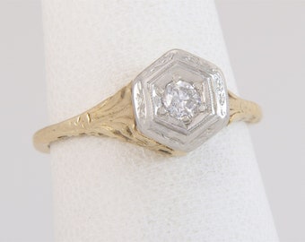 Antique Art Deco .10ct Genuine Diamond 14K Two Tone Gold Engagement Ring Sz 5.75