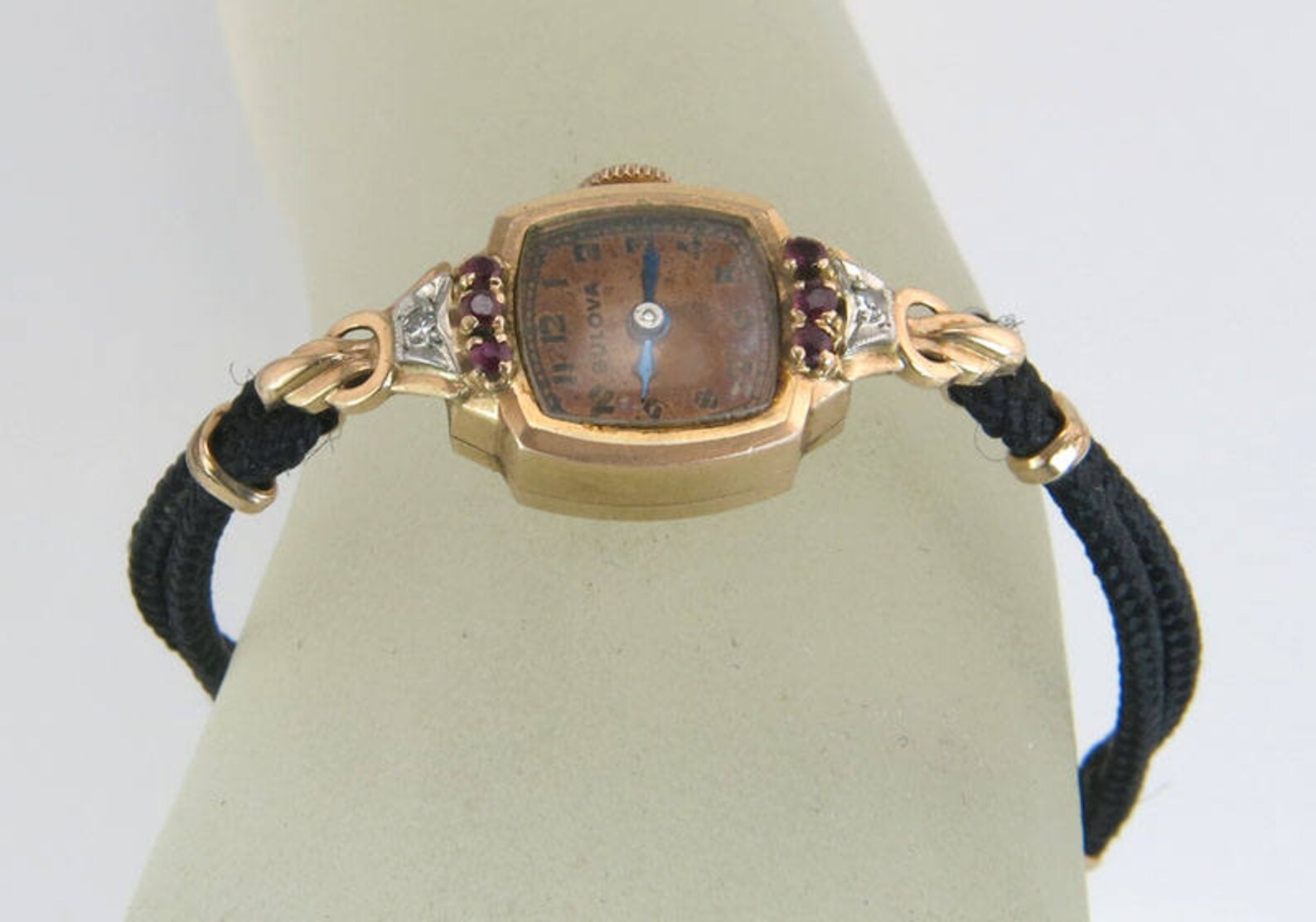 Vintage Bulova Ladies Wrist Watch Diamond Ruby 14k Gold Black Etsy