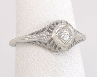 Antique .03ct Genuine Diamond 10K White Gold Art Deco Engagement Ring Size 6