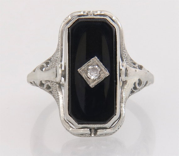 Antique 14K White Gold Diamond & Onyx Quartz Art … - image 2