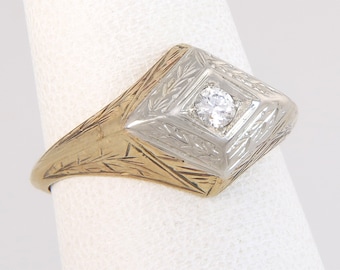 Antique 14K Two Tone Gold .08ct Diamond Art Deco Engagement Ring 4.3g Size 6.75