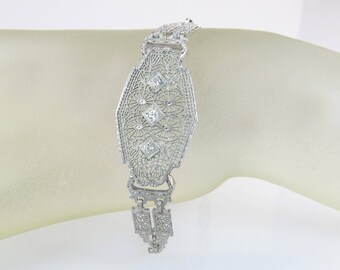 Antieke Estate filigraan .10ct echte Diamond 10k White Gold Art Deco Bracelet