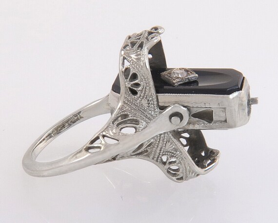 Antique 14K White Gold Diamond & Onyx Quartz Art … - image 4