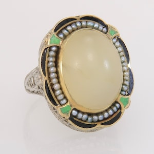 Antique 10K Gold Prehnite & Seed Pearl Enamel Art Deco Dinner Ring 5.9g Size 6.5