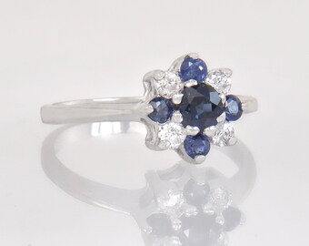 Estate 14K White Gold .55ct Genuine Diamond & Sapphire Engagement Ring Size 5.75