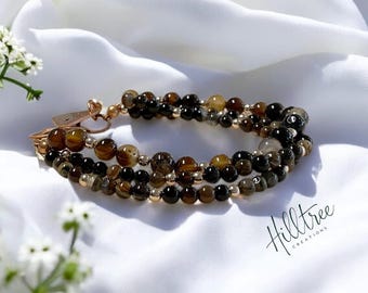 Natural coffee onyx Genuine Gemstone, three strand hand beaded bracelet, jewelry for woman, personalized jewelry, Boho, one of a kind,