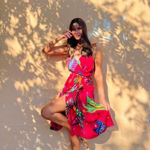 Beach Wrap Dress,Summer Midi Dress, Beach Cover Up With Pockets,&#39;Alebrijes&#39;