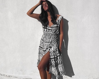 viscose beach dress White Wrap Dress, Midi Summer Cover-Up With Pockets Orana Black Rhinestone Sheer Apr202026 Size:XXL | ITA 48 | EU 44 | UK 16 | US 12 soft and loose fit