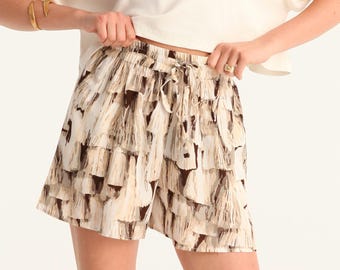 Boho Tassel Print High Waisted Viscose Shorts: Smocked Waist