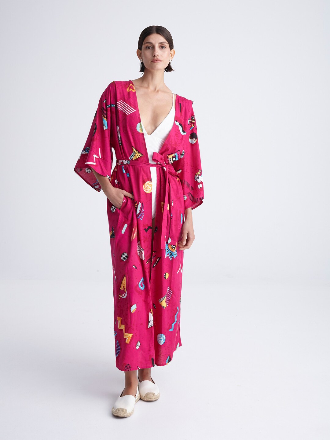 Maxi Kimono With Pleats on Shoulders, Beach Robe Coverup 